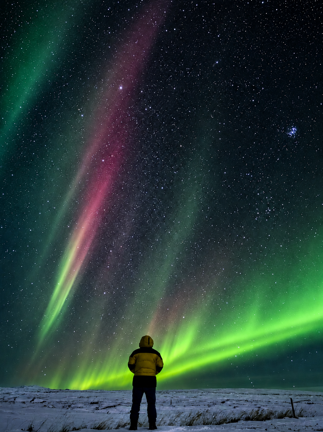 Cazador de auroras bajo aurora boreal verde y rosa en Islandia