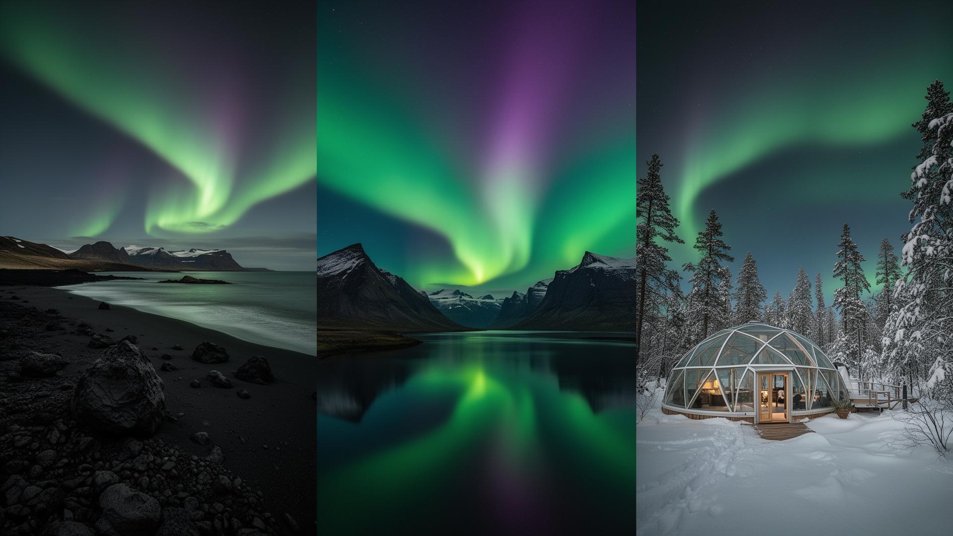 Comparativa visual de auroras boreales en Islandia, Noruega y Finlandia
