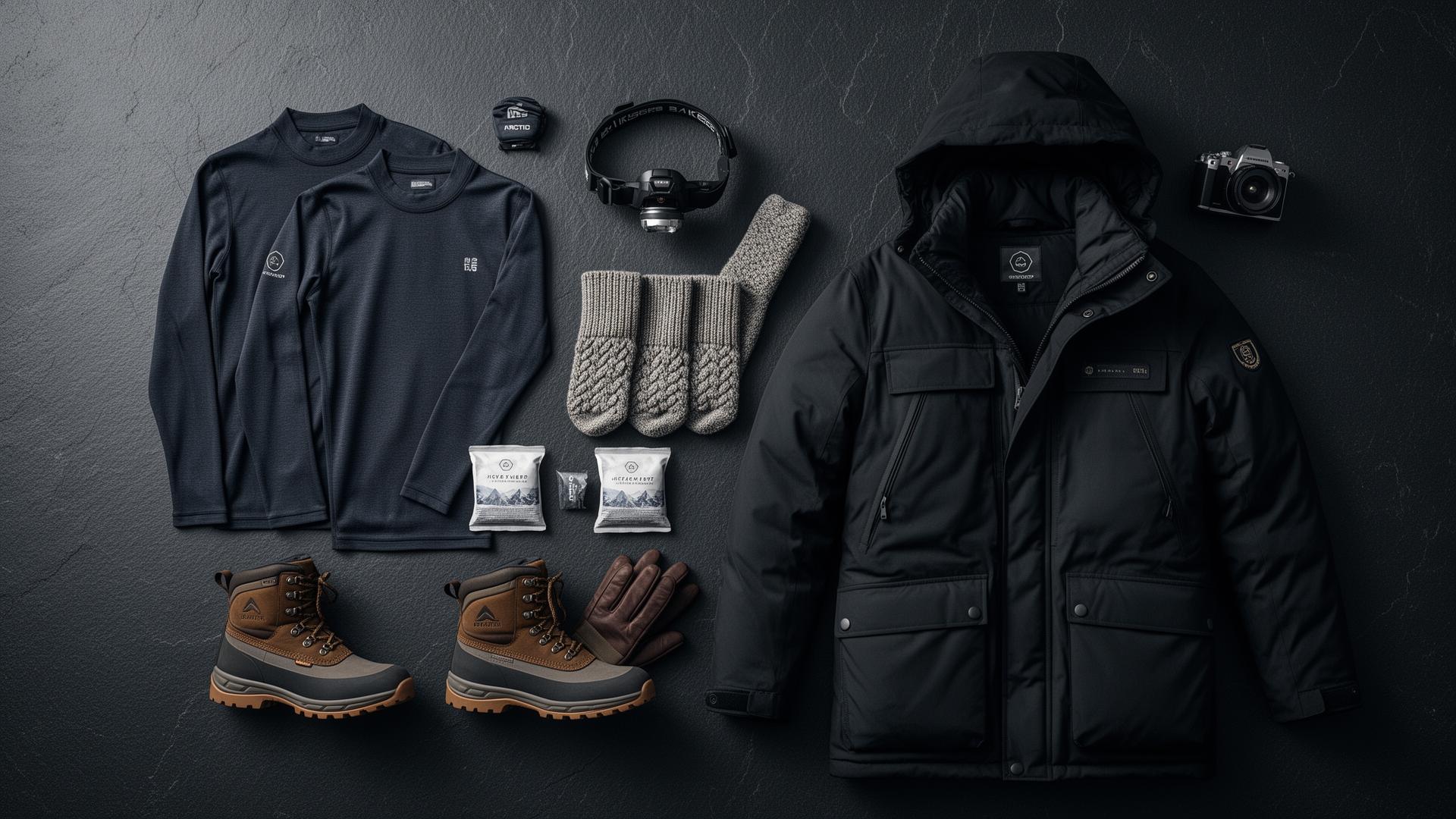 Equipo de invierno premium para Islandia organizado sobre fondo oscuro