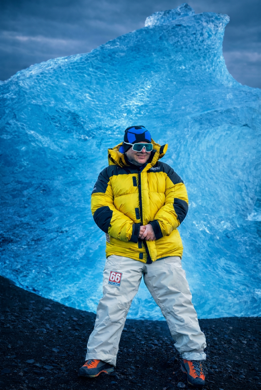 Carlos en un iceberg en la costa sur de Islandia