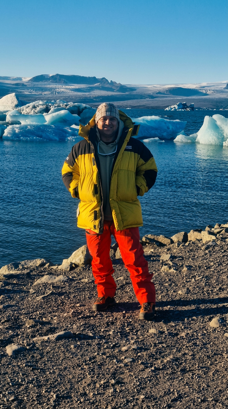 Carlos en la laguna glaciar Jökulsárlón